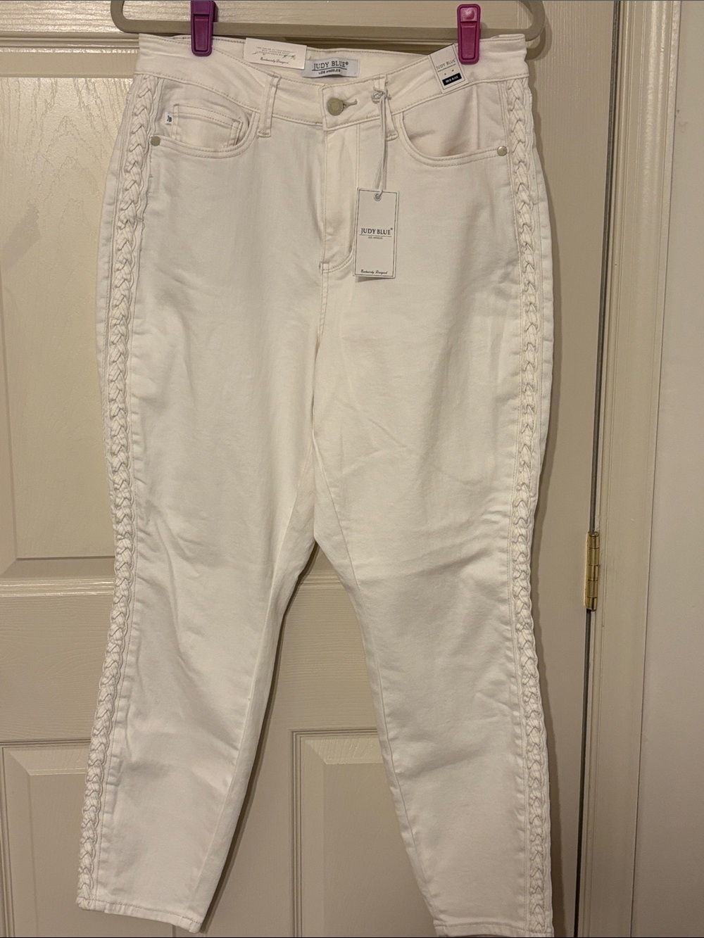 Judy Blue White Braided-Trim Relaxed Fit Mid Rise Jeans 14W
